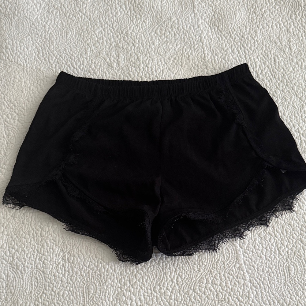 Solemio Black Satin Lace Shorts, Small